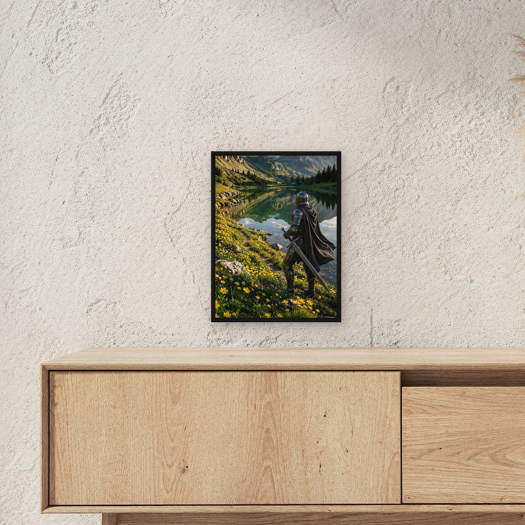 Ritter mit Schwert am Bergsee, Mittelalter Fantasy Wandbild gerahmt im schwarzen Holzrahmen ueber einem Sideboard, zeigt die Groesse im Raum