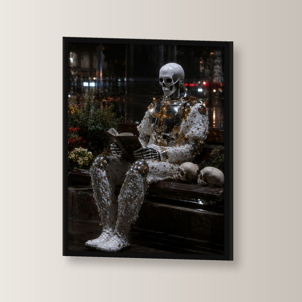 Surreal Poster gerahmt im schwarzen Holzrahmen, leicht gedreht an der Wand fotografiert