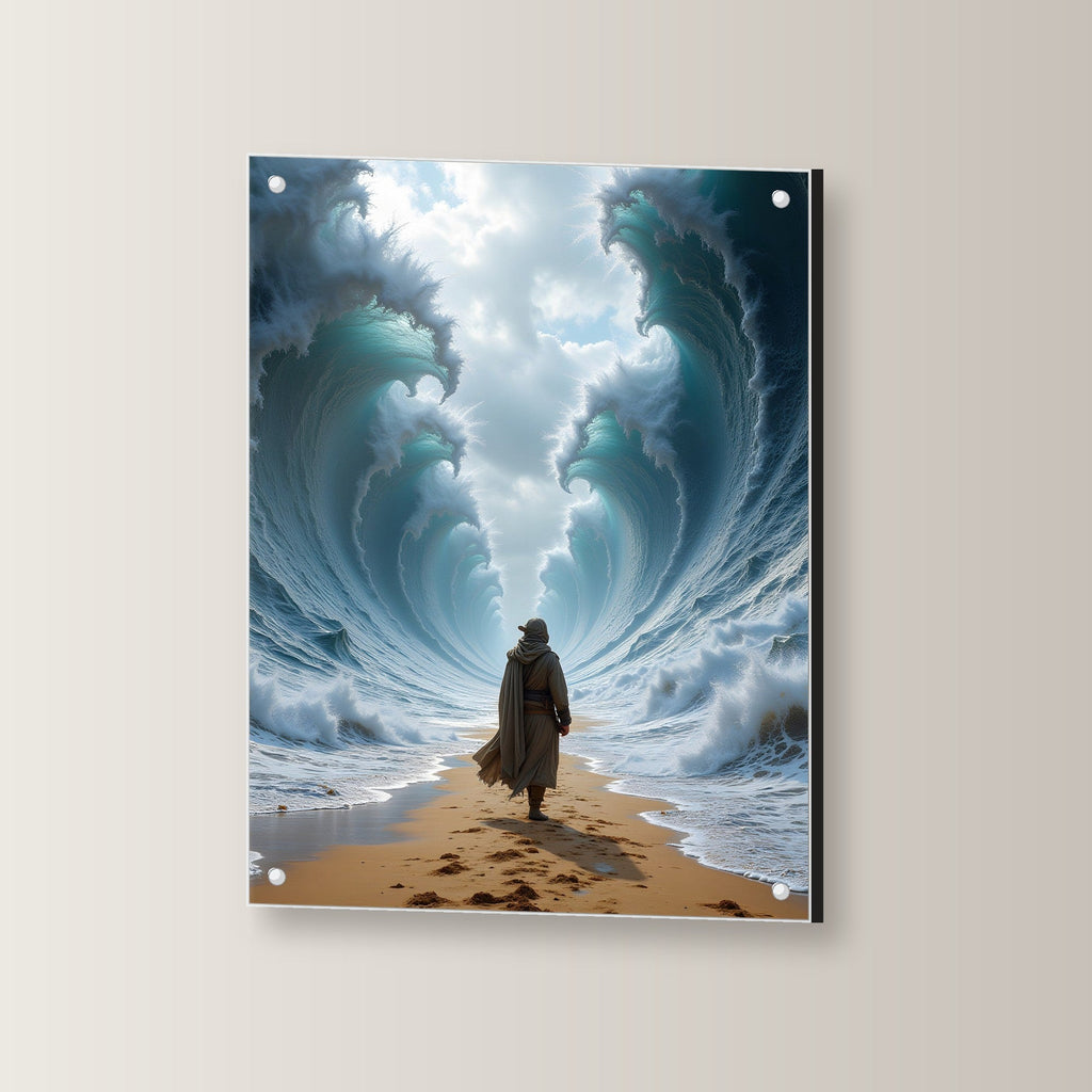 Wanderer zwischen zwei Wasserwänden, Surreales Acrylglasbild auf Acrylglas mit Edelstahl-Abstandshaltern, leicht gedreht an der Wand fotografiert