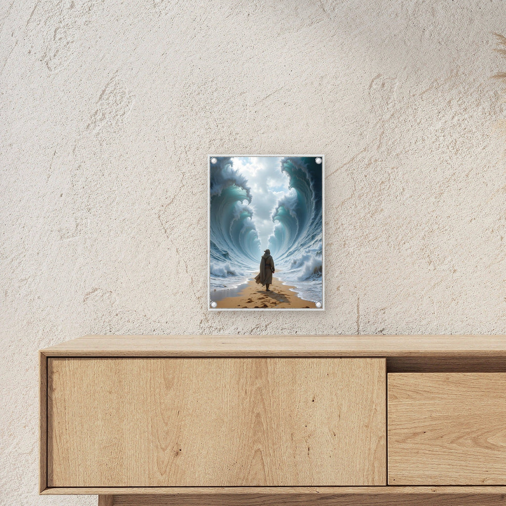 Wanderer zwischen zwei Wasserwänden, Surreales Acrylglasbild auf Acrylglas mit Edelstahl-Abstandshaltern ueber einem Sideboard, zeigt die Groesse im Raum