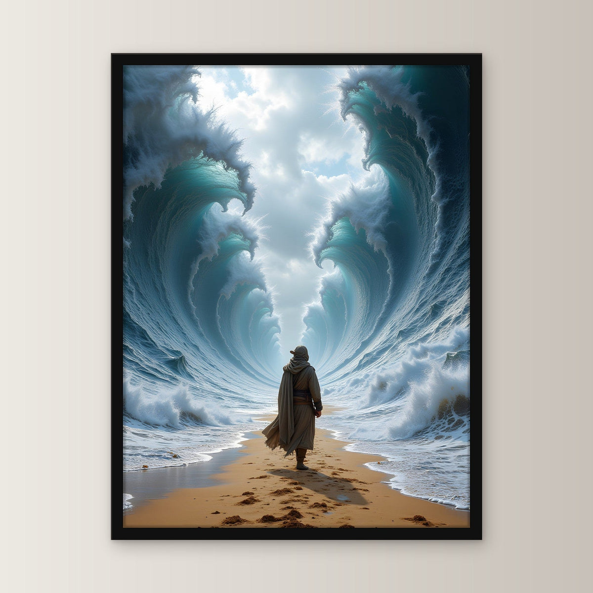 Wanderer zwischen zwei Wasserwänden, Surreales Wandbild gerahmt im schwarzen Holzrahmen, gerade von vorn an heller Wand