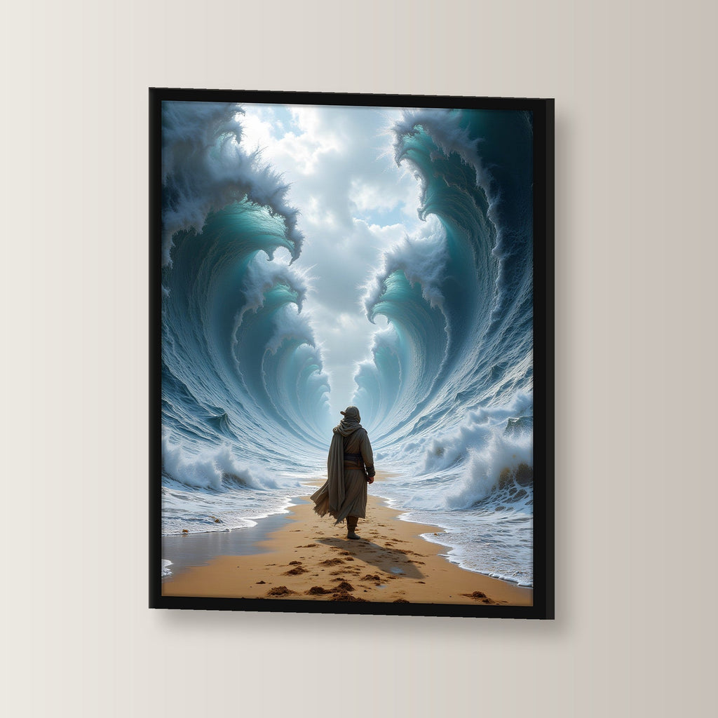 Wanderer zwischen zwei Wasserwänden, Surreales Wandbild gerahmt im schwarzen Holzrahmen, leicht gedreht an der Wand fotografiert