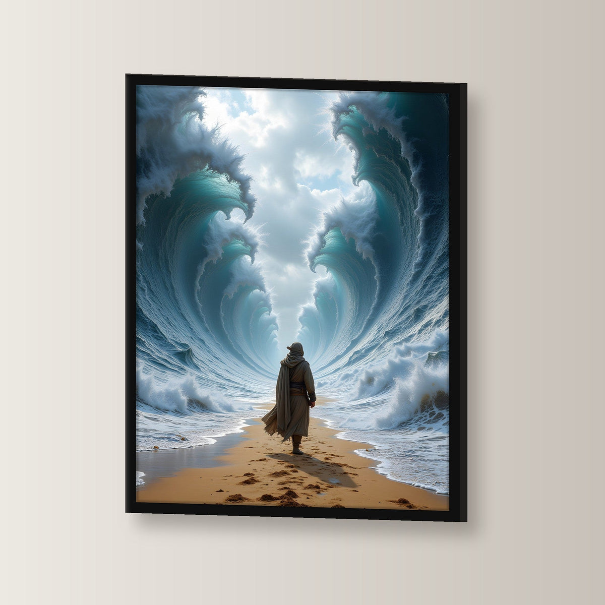 Wanderer zwischen zwei Wasserwänden, Surreales Wandbild gerahmt im schwarzen Holzrahmen, leicht gedreht an der Wand fotografiert