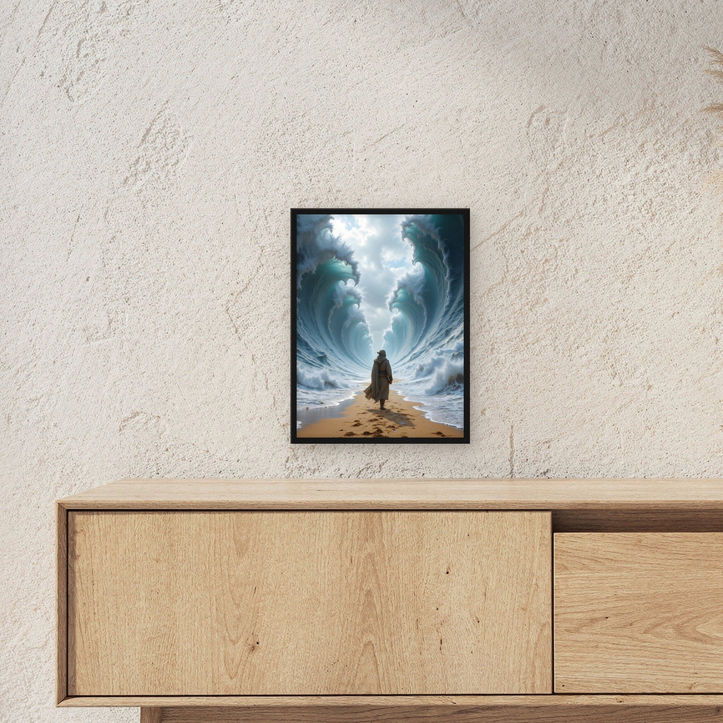 Wanderer zwischen zwei Wasserwänden, Surreales Wandbild gerahmt im schwarzen Holzrahmen ueber einem Sideboard, zeigt die Groesse im Raum
