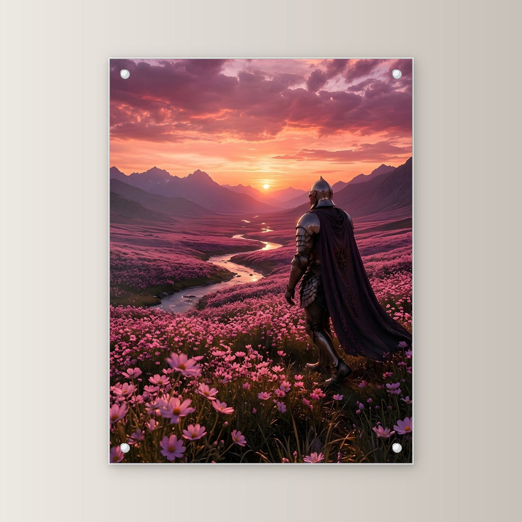 Ritter geht ins Abendrot, Mittelalter Fantasy Acrylglasbild auf Acrylglas mit Edelstahl-Abstandshaltern, gerade von vorn an heller Wand