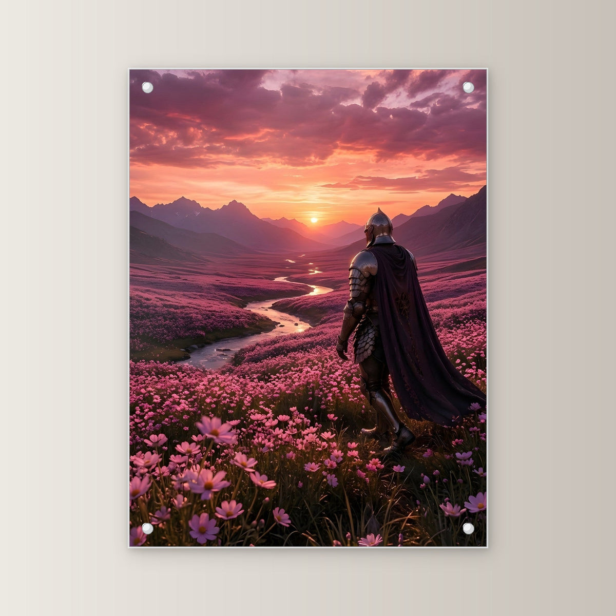 Ritter geht ins Abendrot, Mittelalter Fantasy Acrylglasbild auf Acrylglas mit Edelstahl-Abstandshaltern, gerade von vorn an heller Wand