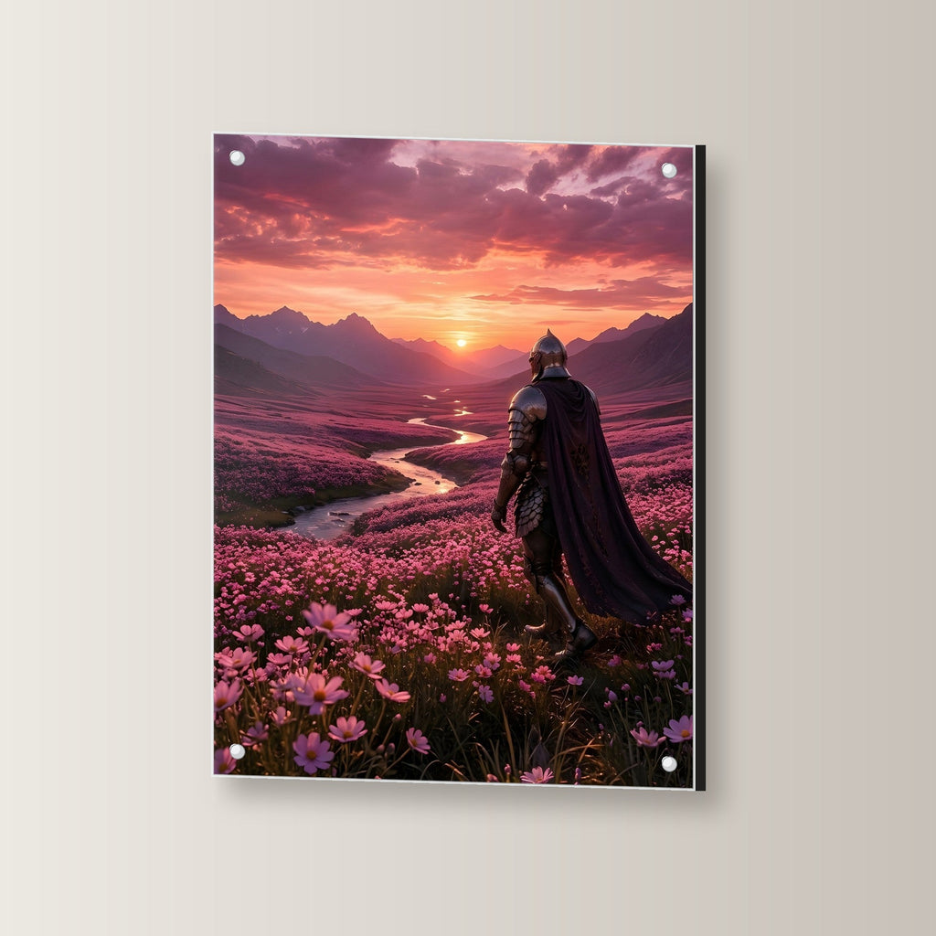 Ritter geht ins Abendrot, Mittelalter Fantasy Acrylglasbild auf Acrylglas mit Edelstahl-Abstandshaltern, leicht gedreht an der Wand fotografiert