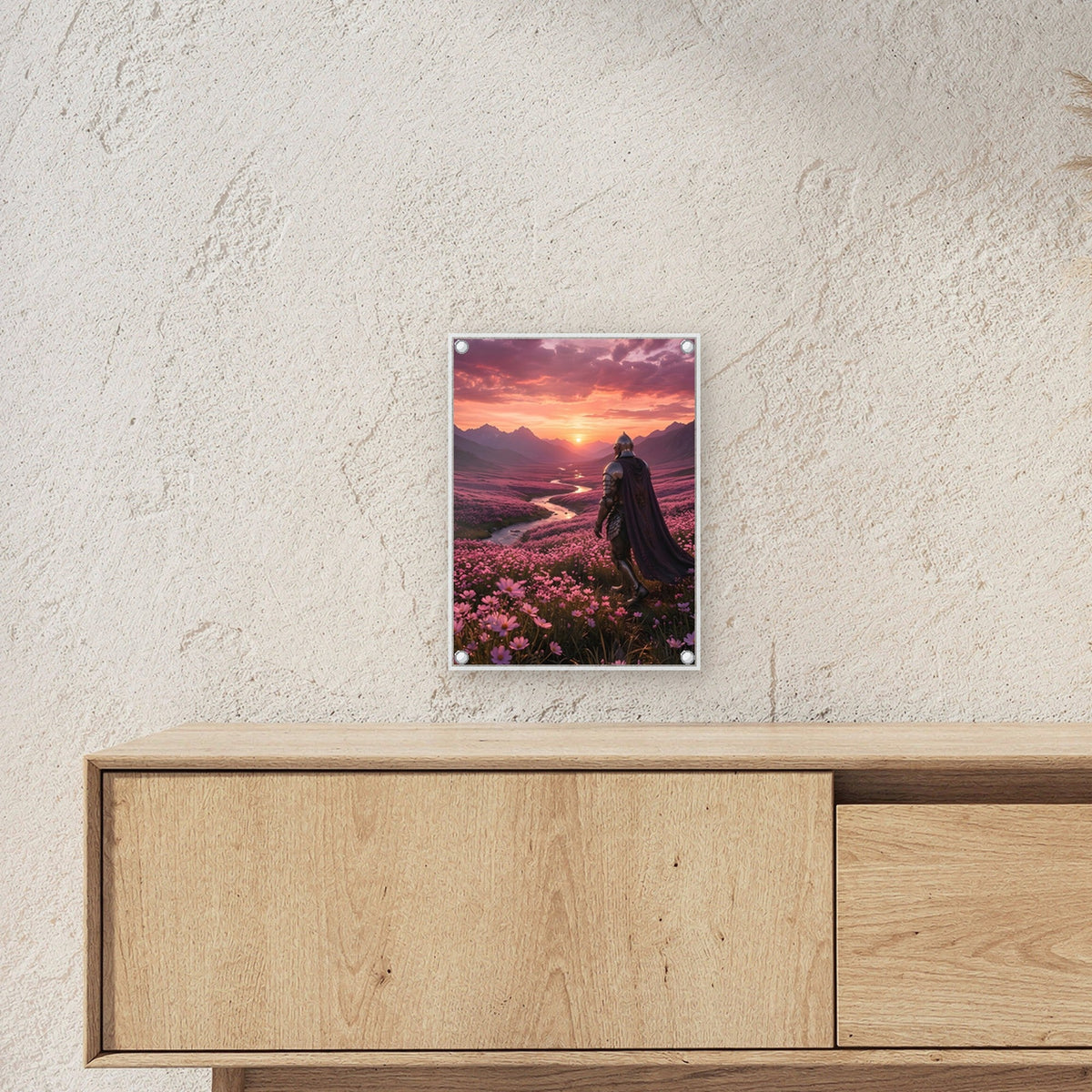 Ritter geht ins Abendrot, Mittelalter Fantasy Acrylglasbild auf Acrylglas mit Edelstahl-Abstandshaltern ueber einem Sideboard, zeigt die Groesse im Raum