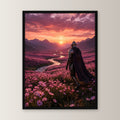 Ritter geht ins Abendrot, Mittelalter Fantasy Wandbild gerahmt im schwarzen Holzrahmen, gerade von vorn an heller Wand