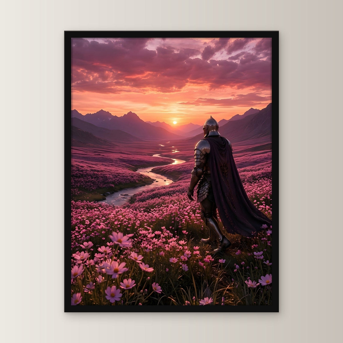 Ritter geht ins Abendrot, Mittelalter Fantasy Wandbild gerahmt im schwarzen Holzrahmen, gerade von vorn an heller Wand