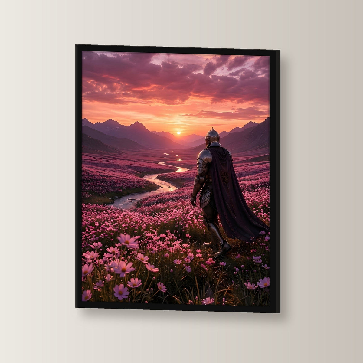 Ritter geht ins Abendrot, Mittelalter Fantasy Wandbild gerahmt im schwarzen Holzrahmen, leicht gedreht an der Wand fotografiert