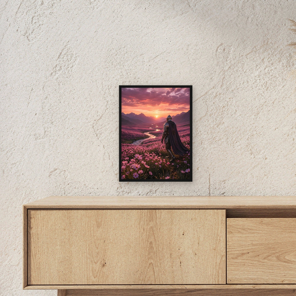 Ritter geht ins Abendrot, Mittelalter Fantasy Wandbild gerahmt im schwarzen Holzrahmen ueber einem Sideboard, zeigt die Groesse im Raum