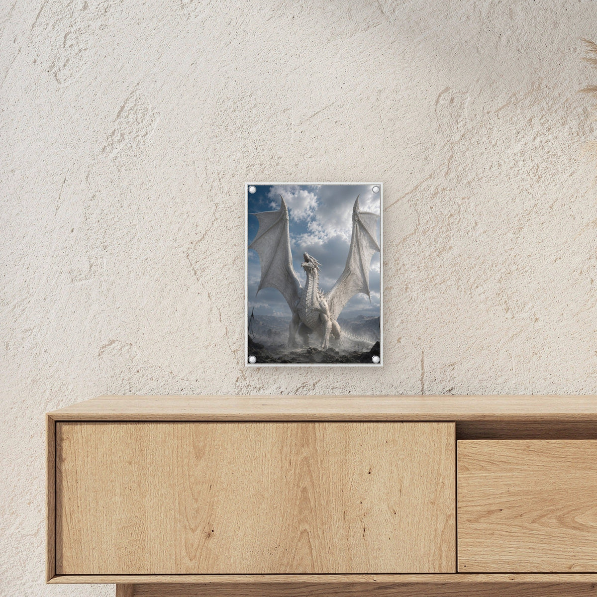 Fantasy Acrylglasbild auf Acrylglas mit Edelstahl-Abstandshaltern ueber einem Sideboard, zeigt die Groesse im Raum