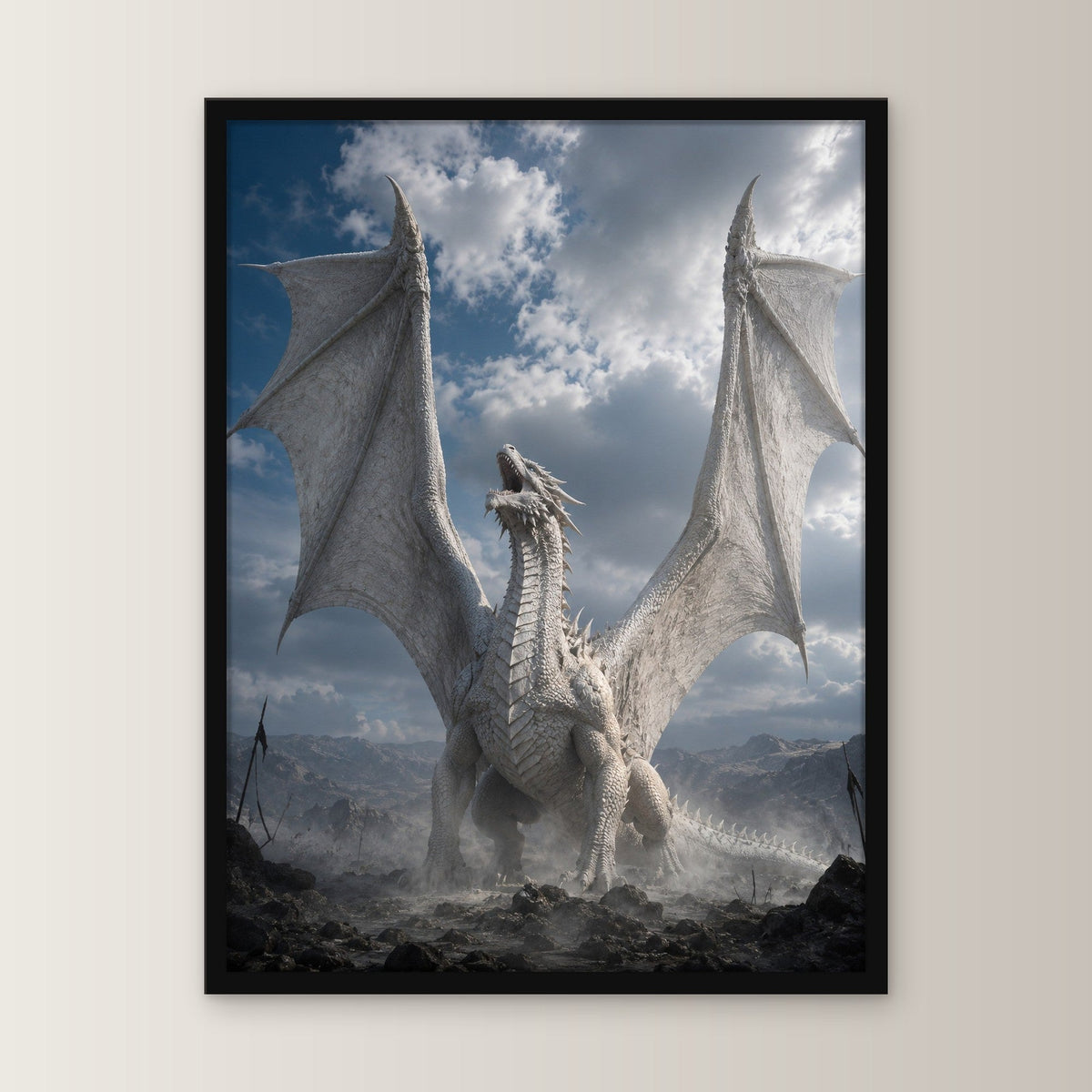 Fantasy Poster gerahmt im schwarzen Holzrahmen, gerade von vorn an heller Wand