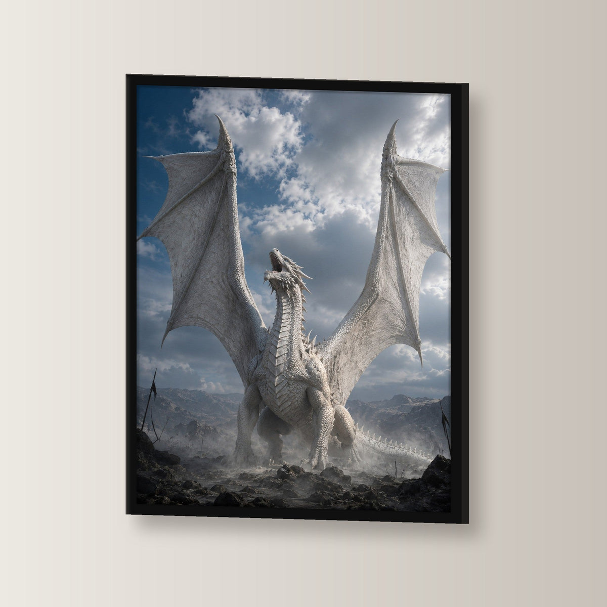 Fantasy Poster gerahmt im schwarzen Holzrahmen, leicht gedreht an der Wand fotografiert