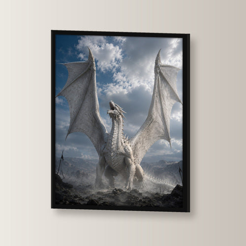 Fantasy Poster gerahmt im schwarzen Holzrahmen, leicht gedreht an der Wand fotografiert