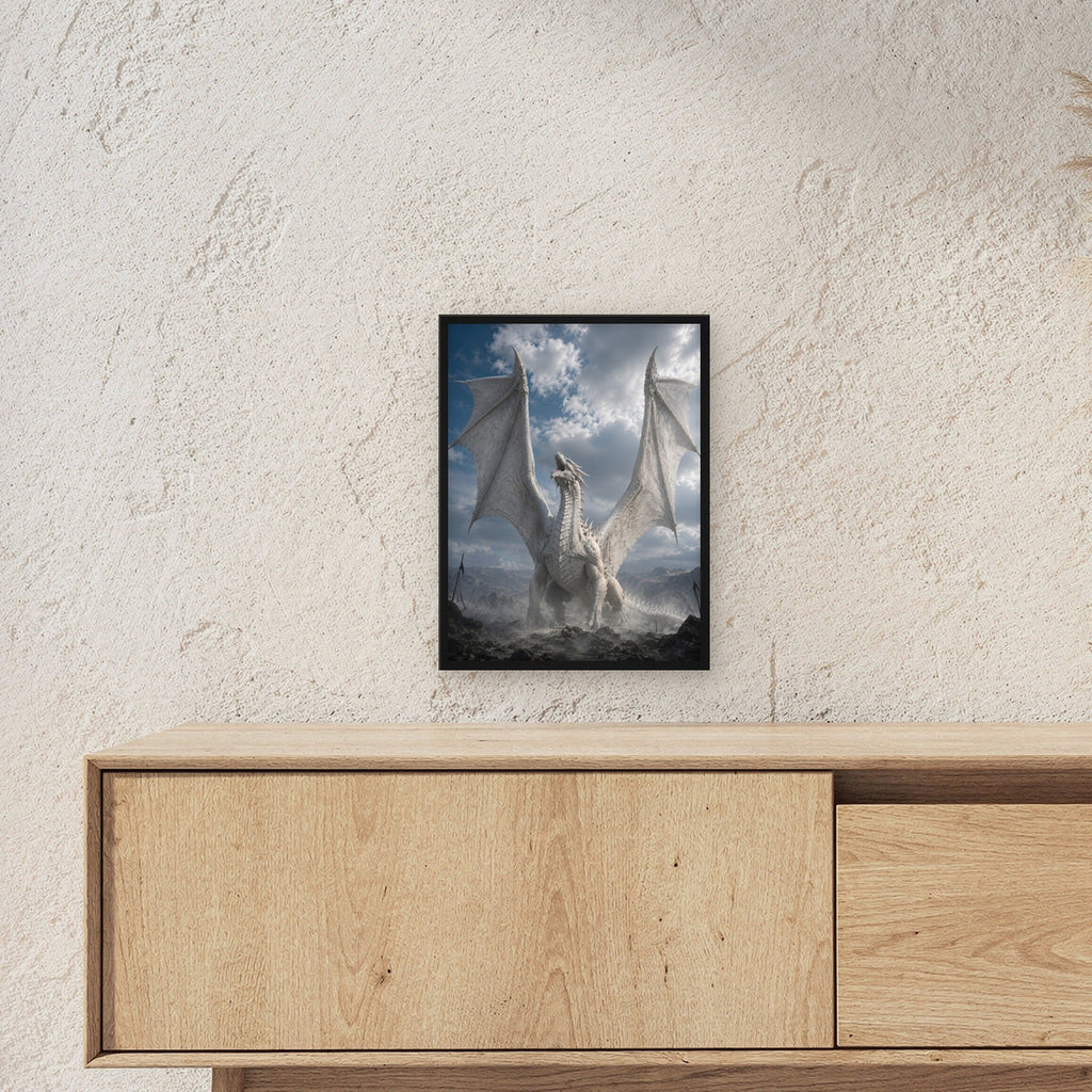 Fantasy Poster gerahmt im schwarzen Holzrahmen ueber einem Sideboard, zeigt die Groesse im Raum