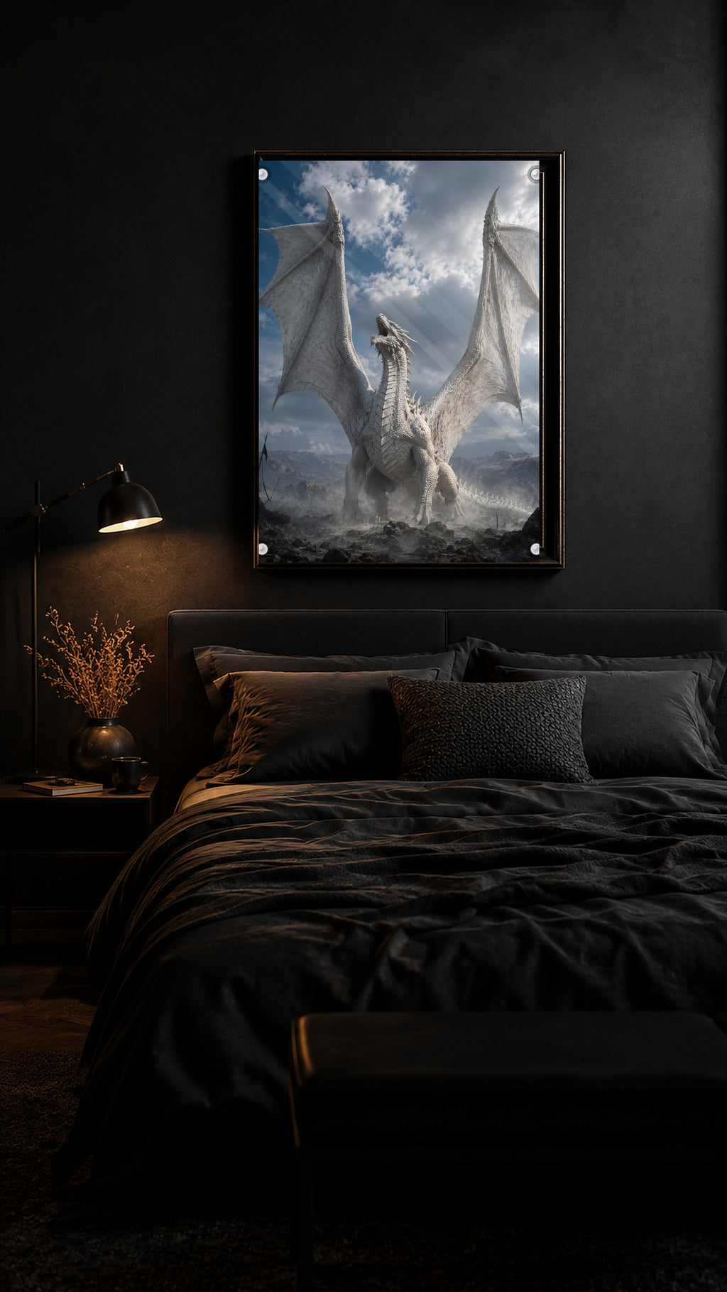 Der Weiße Drache – Dark-Fantasy-Wandbild im Raum | Fantasywand