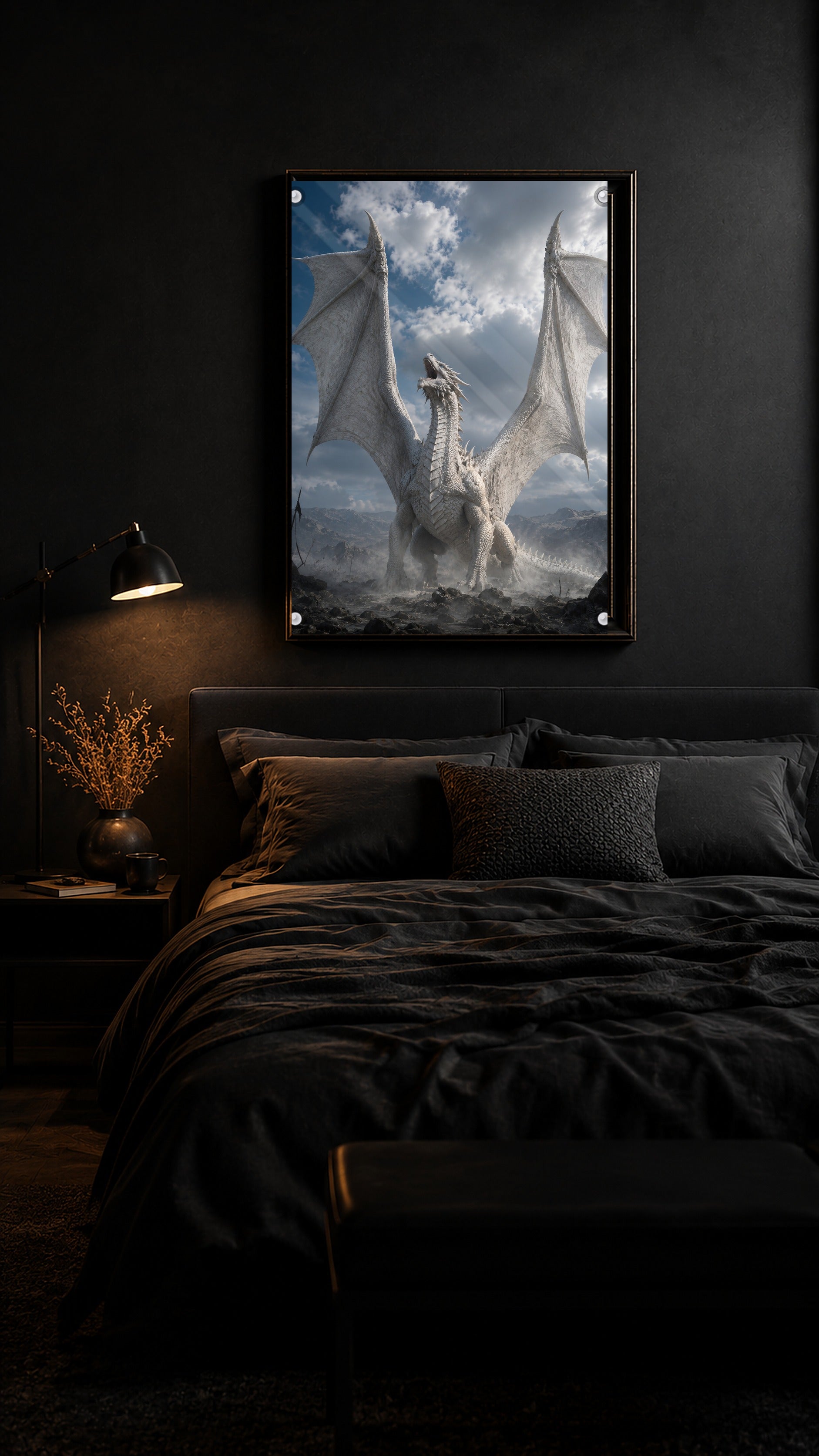 Der Weiße Drache – Dark-Fantasy-Wandbild im Raum | Fantasywand
