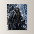 Wikinger mit Wolf und Rabe im verschneiten Wald, Dark Fantasy Acrylglasbild auf Acrylglas mit Edelstahl-Abstandshaltern, gerade von vorn an heller Wand