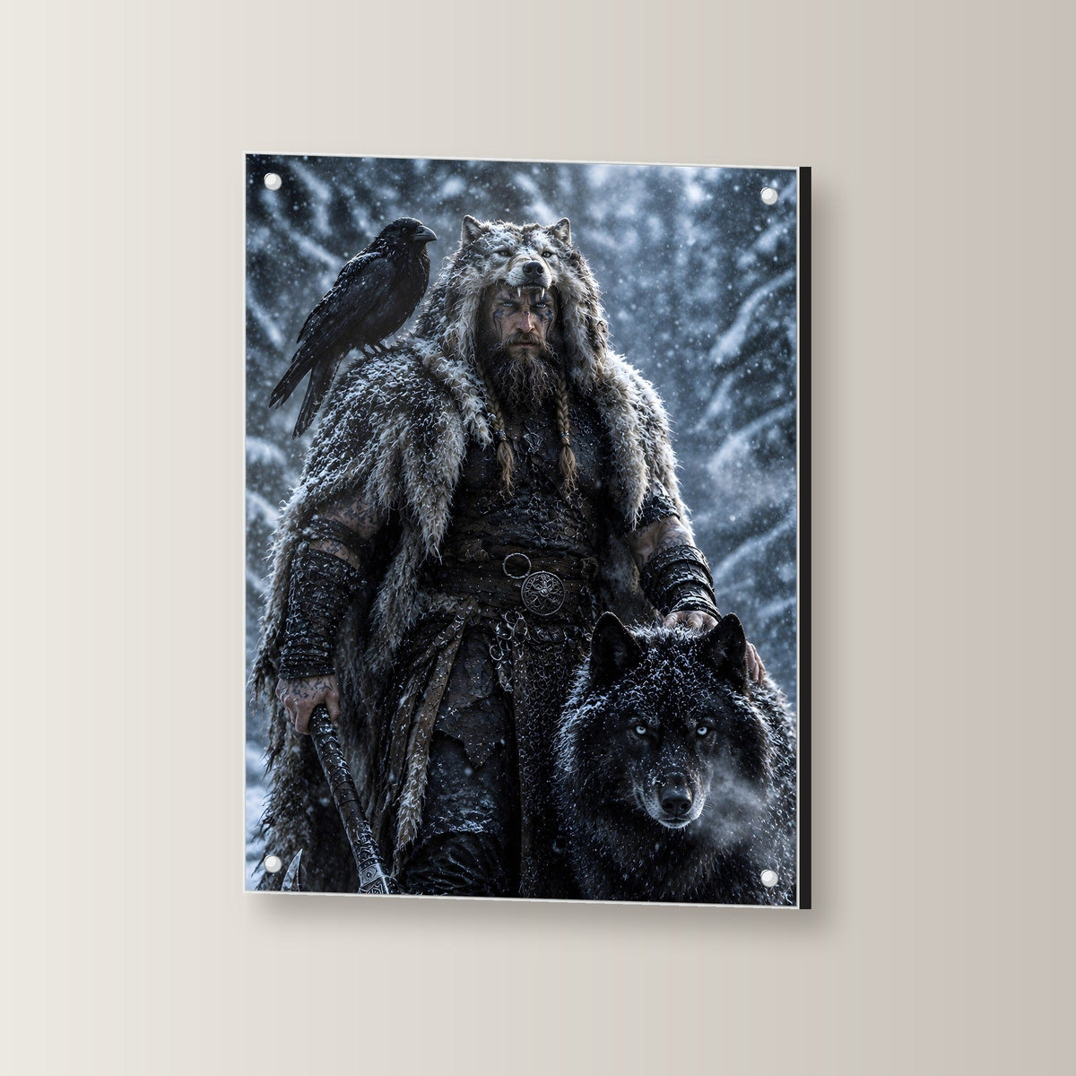 Wikinger mit Wolf und Rabe im verschneiten Wald, Dark Fantasy Acrylglasbild auf Acrylglas mit Edelstahl-Abstandshaltern, leicht gedreht an der Wand fotografiert