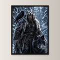 Wikinger mit Wolf und Rabe im verschneiten Wald, Fantasy Wandbild gerahmt im schwarzen Holzrahmen, gerade von vorn an heller Wand