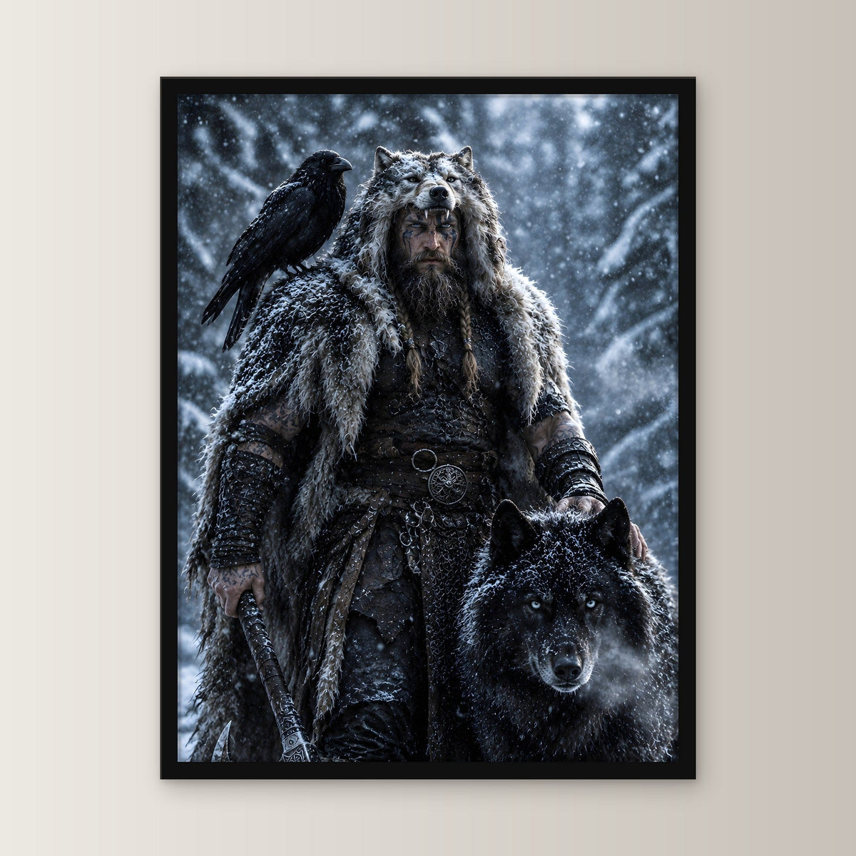 Wikinger mit Wolf und Rabe im verschneiten Wald, Fantasy Wandbild gerahmt im schwarzen Holzrahmen, gerade von vorn an heller Wand