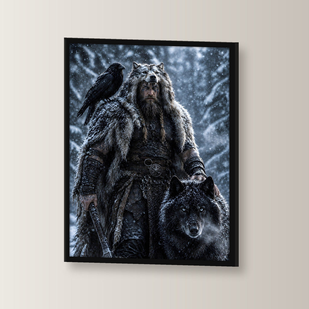 Wikinger mit Wolf und Rabe im verschneiten Wald, Fantasy Wandbild gerahmt im schwarzen Holzrahmen, leicht gedreht an der Wand fotografiert