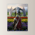 Ritter & Drache, Mittelalter Dark Fantasy Acrylglasbild auf Acrylglas mit Edelstahl-Abstandshaltern, gerade von vorn an heller Wand