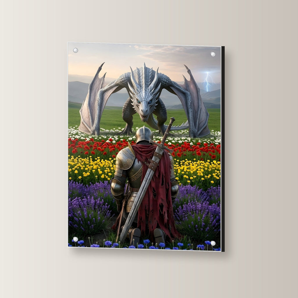 Ritter & Drache, Mittelalter Dark Fantasy Acrylglasbild auf Acrylglas mit Edelstahl-Abstandshaltern, leicht gedreht an der Wand fotografiert