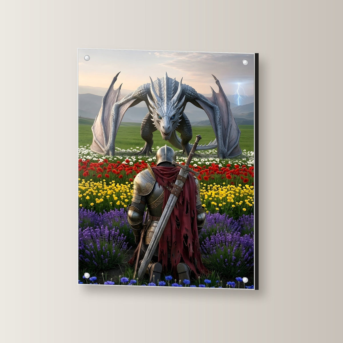 Ritter & Drache, Mittelalter Dark Fantasy Acrylglasbild auf Acrylglas mit Edelstahl-Abstandshaltern, leicht gedreht an der Wand fotografiert
