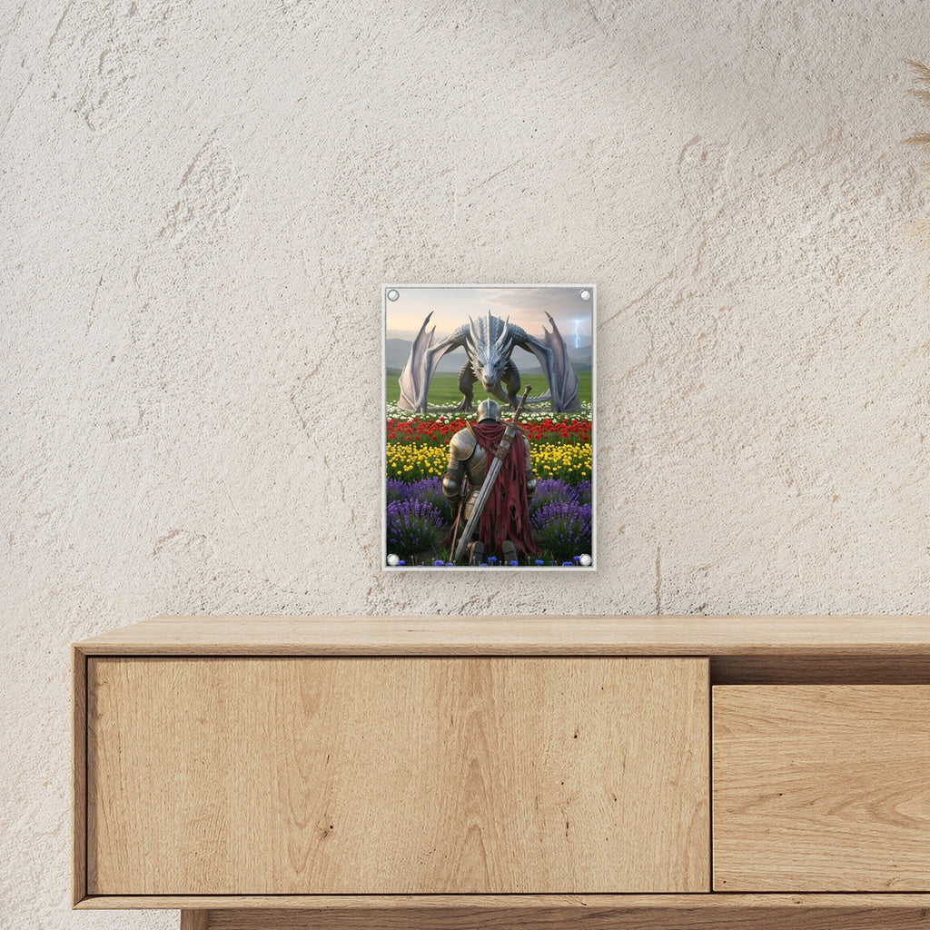 Ritter & Drache, Mittelalter Dark Fantasy Acrylglasbild auf Acrylglas mit Edelstahl-Abstandshaltern ueber einem Sideboard, zeigt die Groesse im Raum