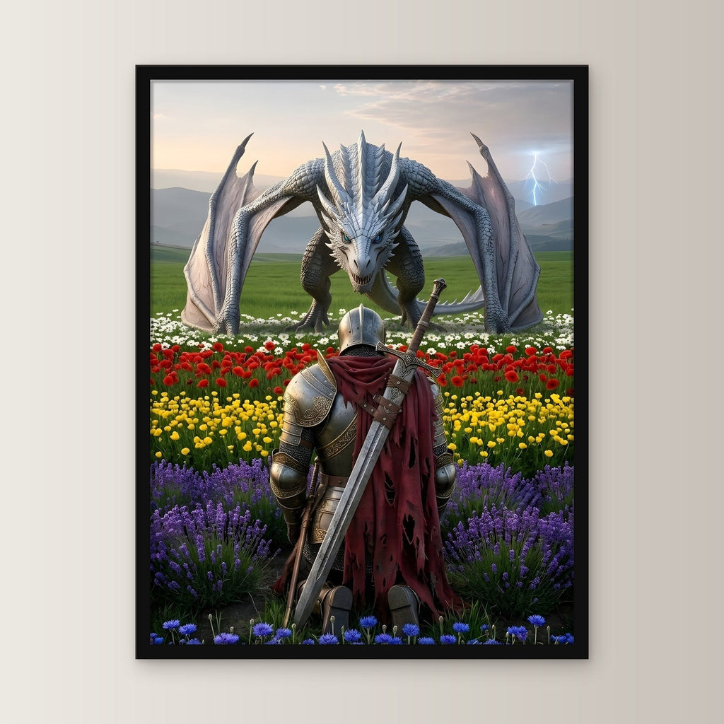 Ritter & Drache, Fantasy Wandbild gerahmt im schwarzen Holzrahmen, gerade von vorn an heller Wand