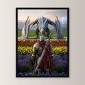 Ritter & Drache, Fantasy Wandbild gerahmt im schwarzen Holzrahmen, gerade von vorn an heller Wand