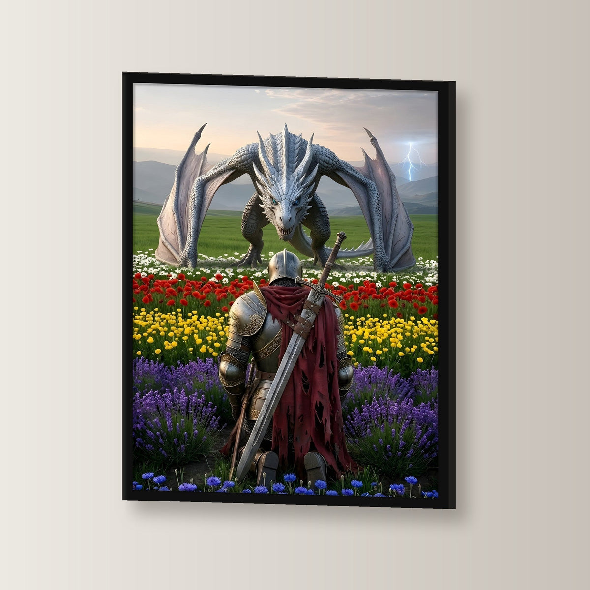 Ritter & Drache, Fantasy Wandbild gerahmt im schwarzen Holzrahmen, leicht gedreht an der Wand fotografiert