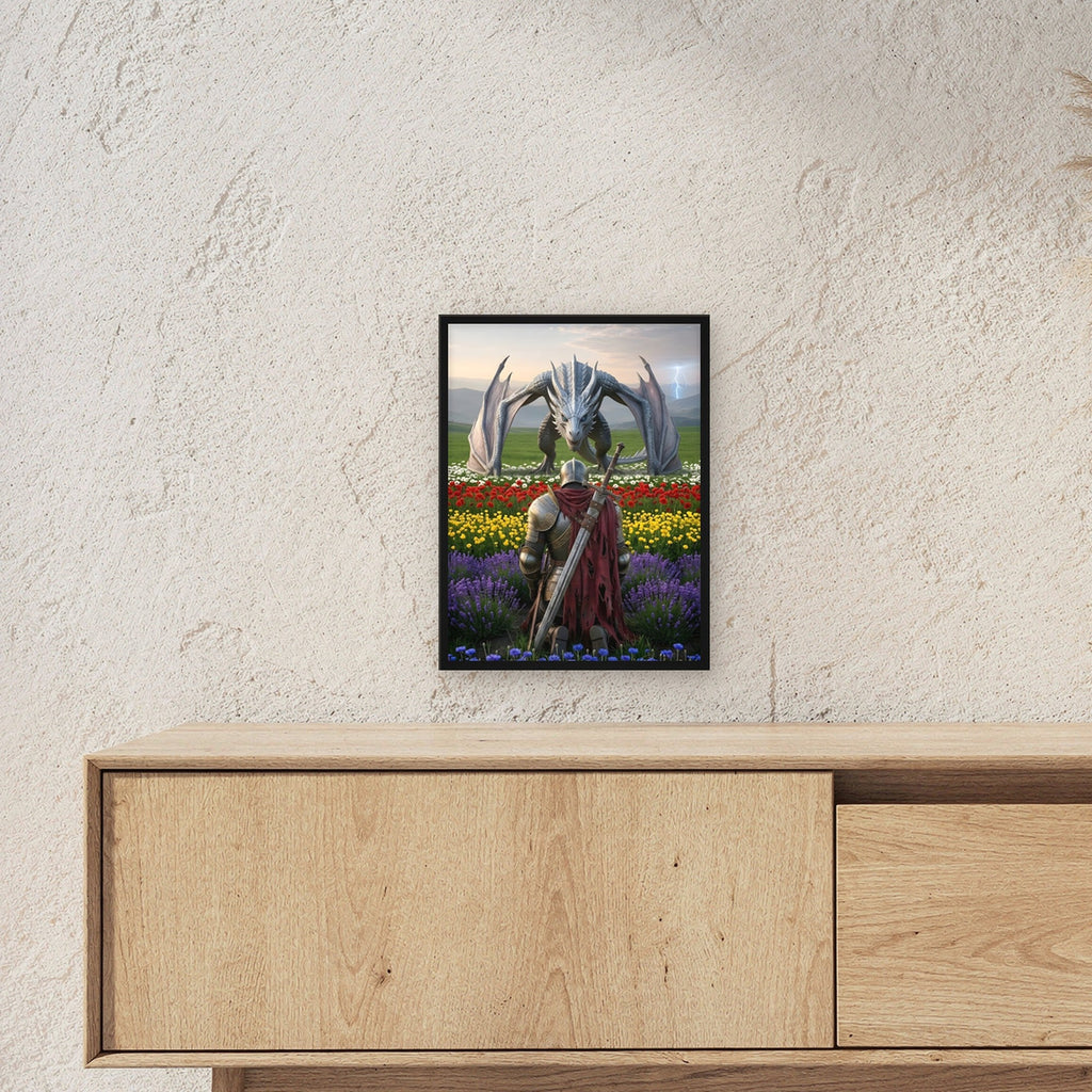 Ritter & Drache, Fantasy Wandbild gerahmt im schwarzen Holzrahmen ueber einem Sideboard, zeigt die Groesse im Raum
