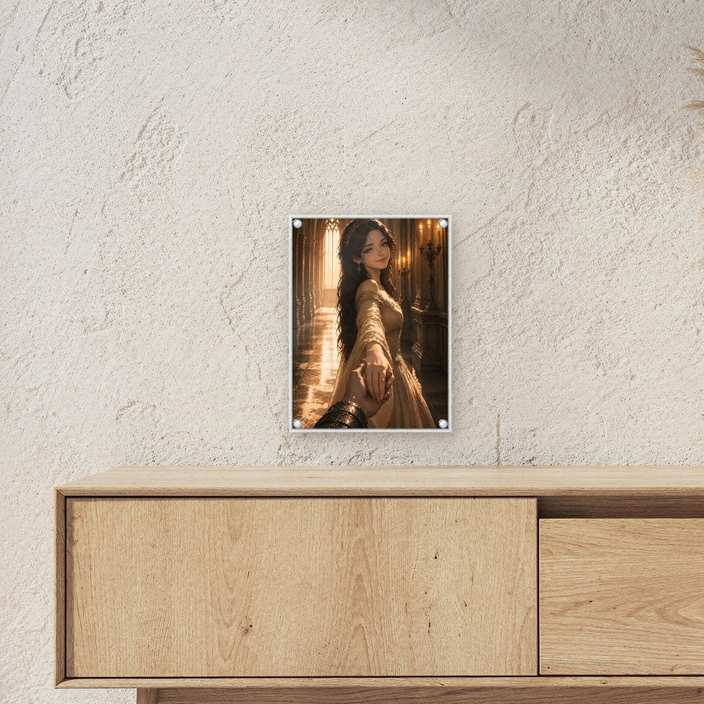 Braut führt den Ritter durch die Halle, Mittelalter Fantasy Acrylglasbild auf Acrylglas mit Edelstahl-Abstandshaltern ueber einem Sideboard, zeigt die Groesse im Raum