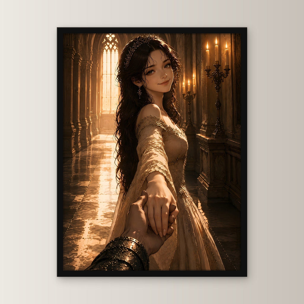 Braut führt den Ritter durch die Halle, Mittelalter Fantasy Wandbild gerahmt im schwarzen Holzrahmen, gerade von vorn an heller Wand