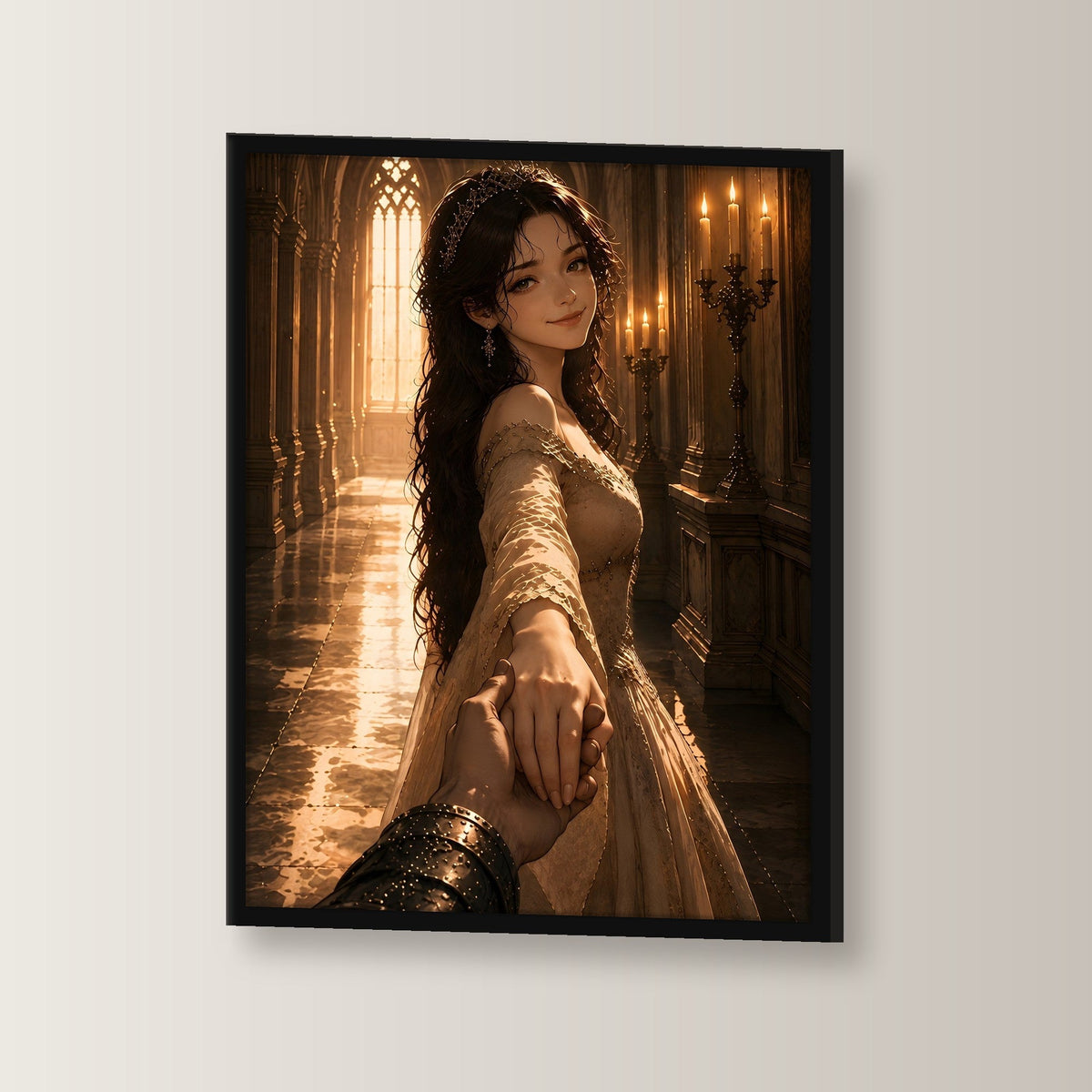 Braut führt den Ritter durch die Halle, Mittelalter Fantasy Wandbild gerahmt im schwarzen Holzrahmen, leicht gedreht an der Wand fotografiert