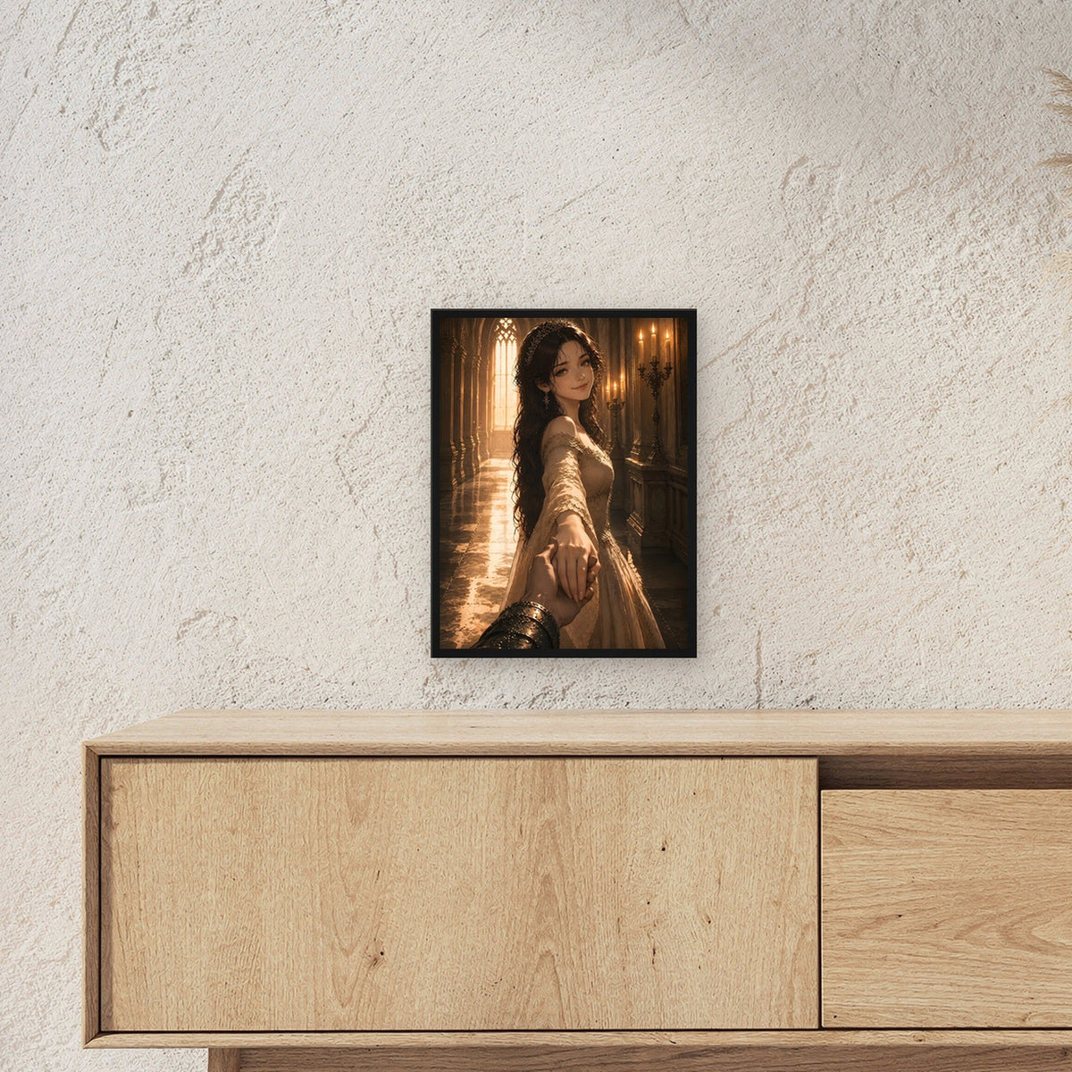 Braut führt den Ritter durch die Halle, Mittelalter Fantasy Wandbild gerahmt im schwarzen Holzrahmen ueber einem Sideboard, zeigt die Groesse im Raum