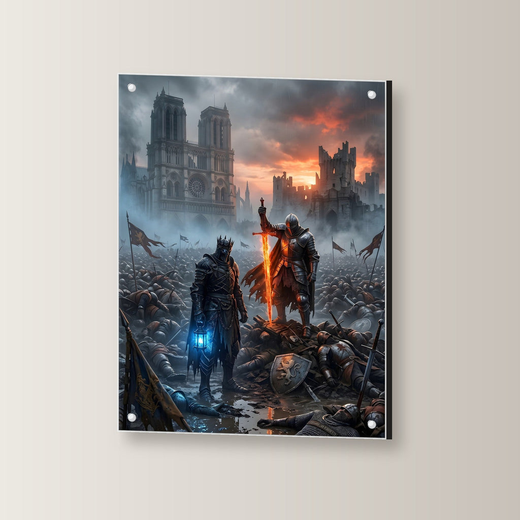 Dark Fantasy Acrylglas Kunstdruck auf Acrylglas mit Edelstahl-Abstandshaltern, leicht gedreht an der Wand fotografiert