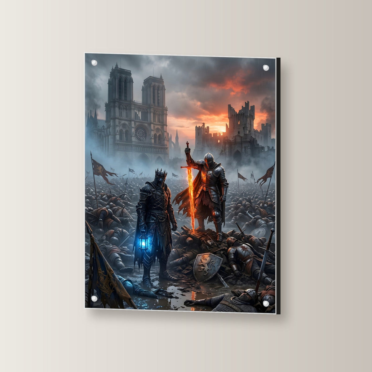 Dark Fantasy Acrylglas Kunstdruck auf Acrylglas mit Edelstahl-Abstandshaltern, leicht gedreht an der Wand fotografiert