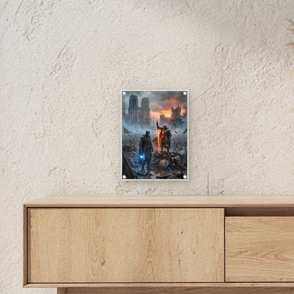 Dark Fantasy Acrylglas Kunstdruck auf Acrylglas mit Edelstahl-Abstandshaltern ueber einem Sideboard, zeigt die Groesse im Raum
