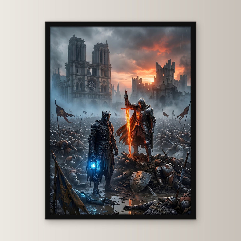 Dark Fantasy Poster gerahmt im schwarzen Holzrahmen, gerade von vorn an heller Wand