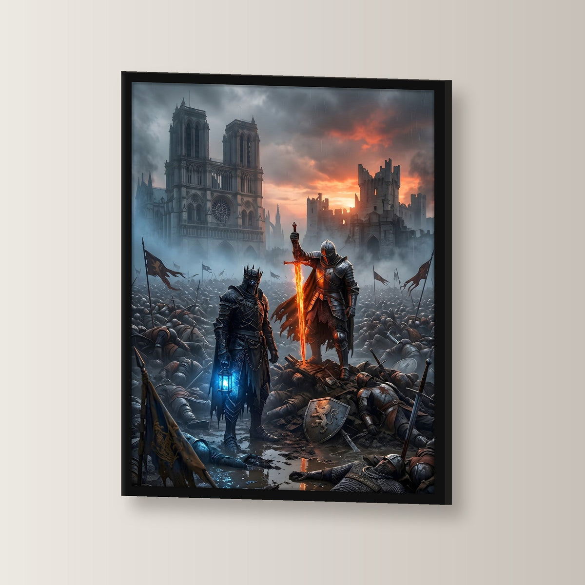 Dark Fantasy Poster gerahmt im schwarzen Holzrahmen, leicht gedreht an der Wand fotografiert