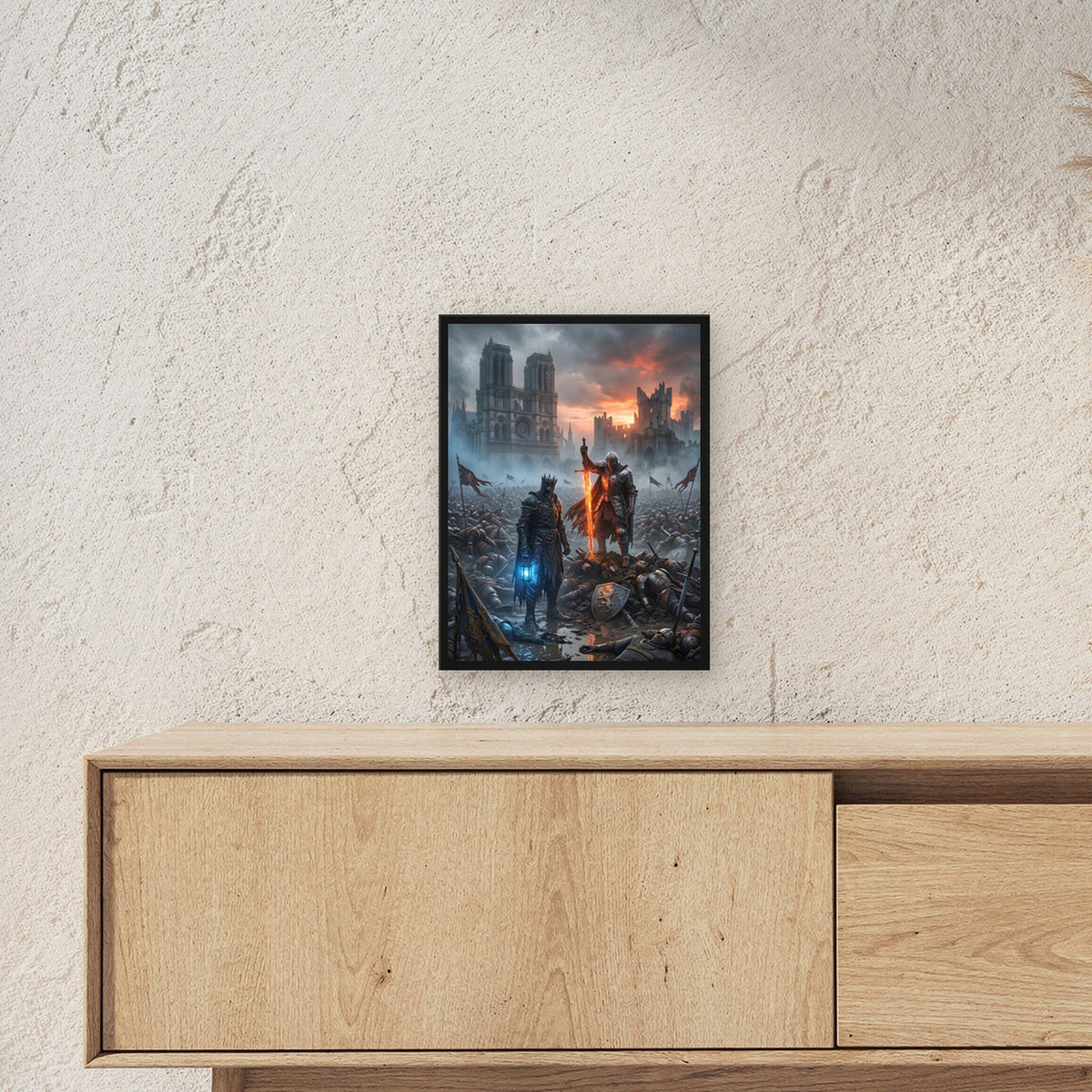 Dark Fantasy Poster gerahmt im schwarzen Holzrahmen ueber einem Sideboard, zeigt die Groesse im Raum