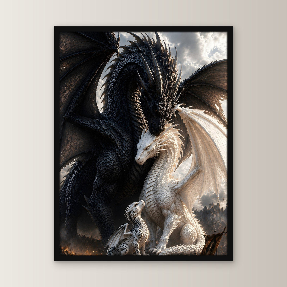 Drachenpaar mit Jungtier, Fantasy Wandbild gerahmt im schwarzen Holzrahmen, gerade von vorn an heller Wand