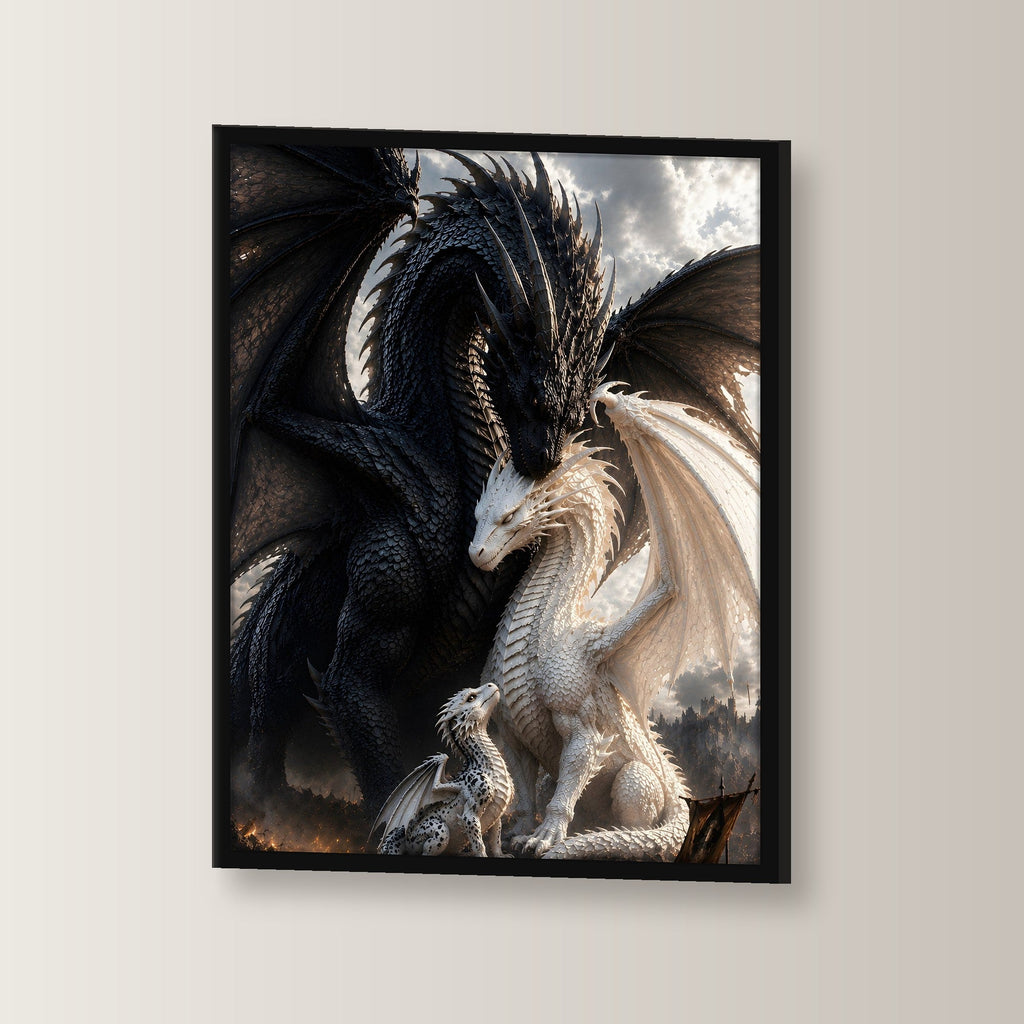 Drachenpaar mit Jungtier, Fantasy Wandbild gerahmt im schwarzen Holzrahmen, leicht gedreht an der Wand fotografiert
