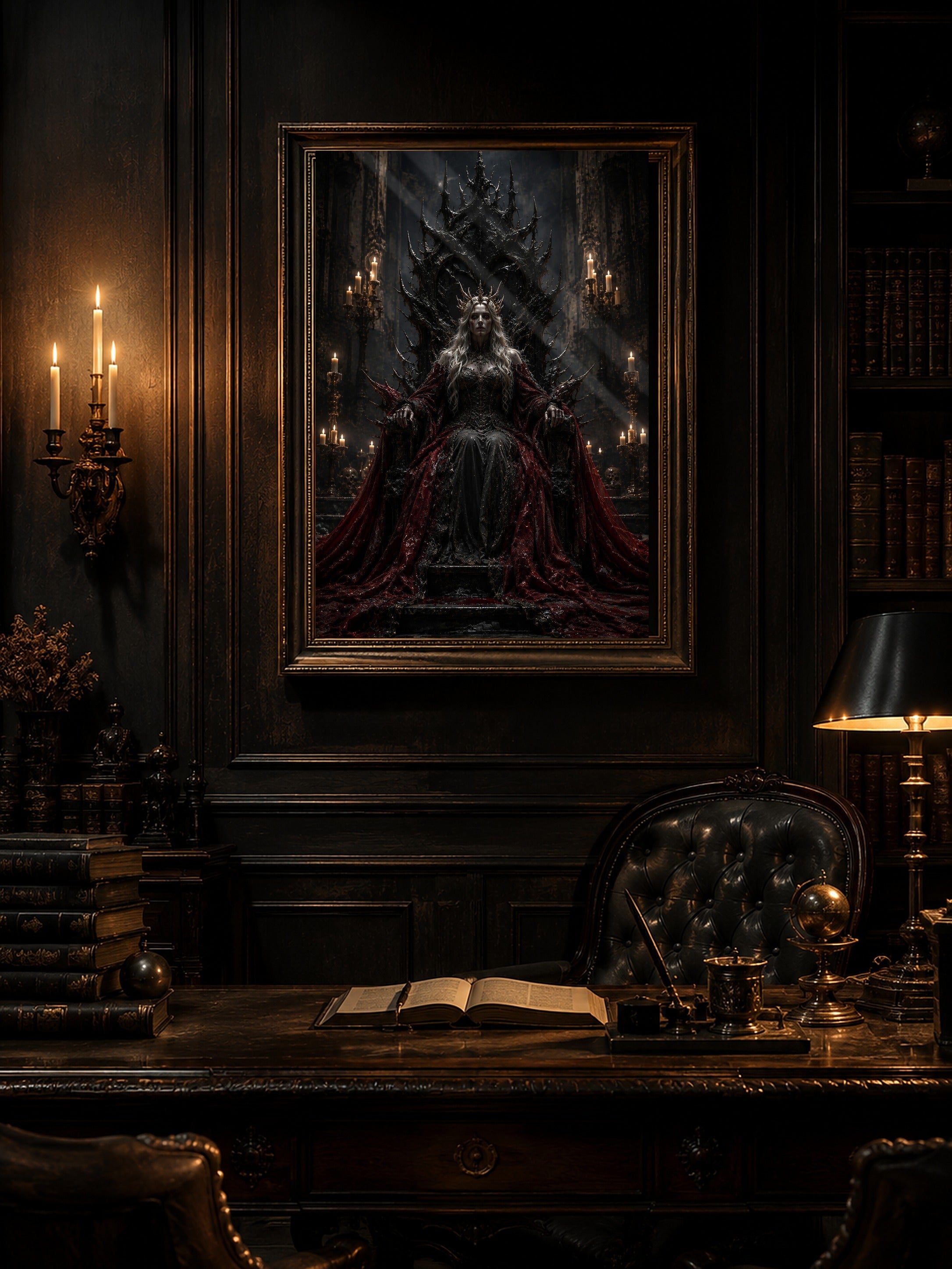 Die Dunkelkönigin – Dark-Fantasy-Wandbild im Raum | Fantasywand