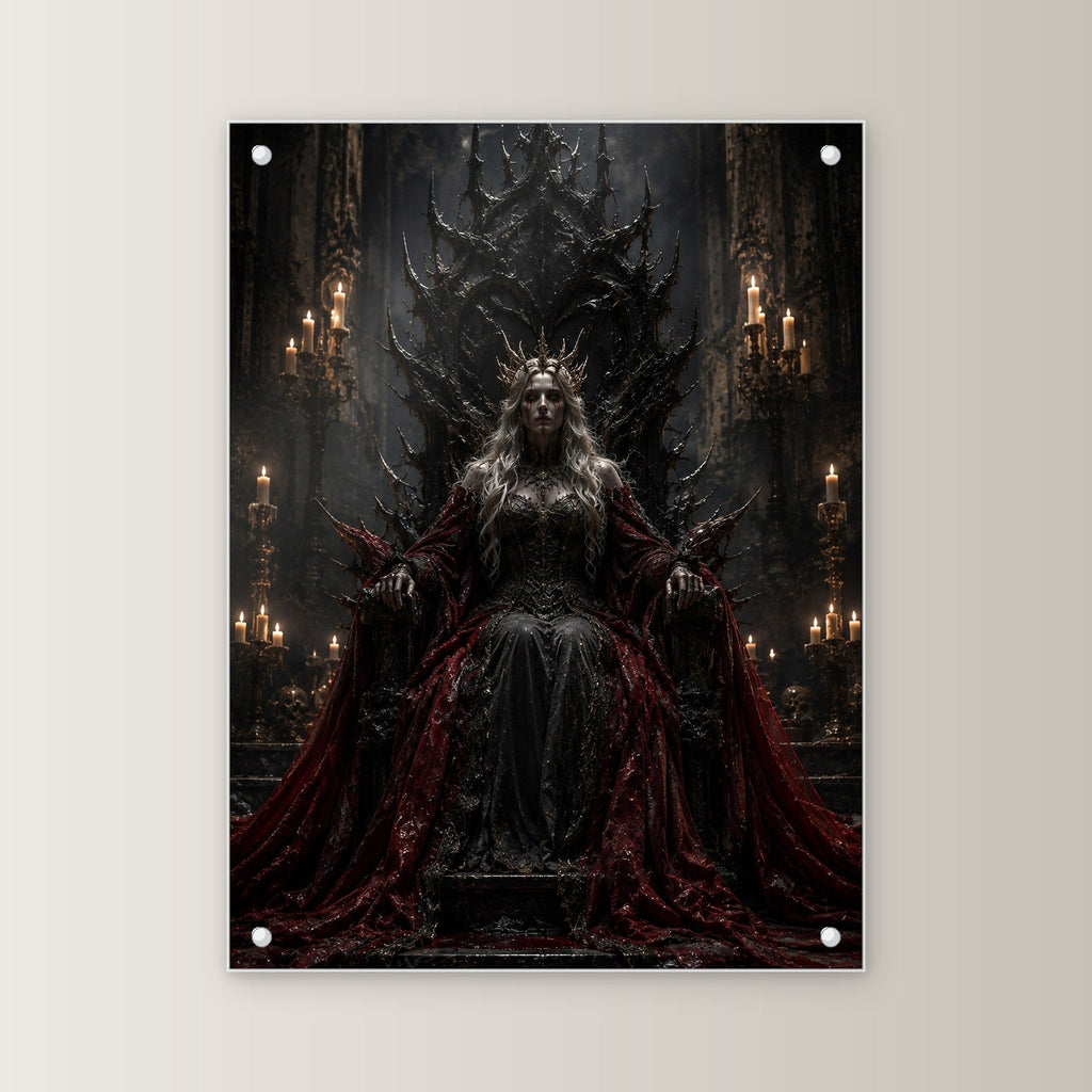 Dark-Fantasy Acrylglasbild auf Acrylglas mit Edelstahl-Abstandshaltern, gerade von vorn an heller Wand